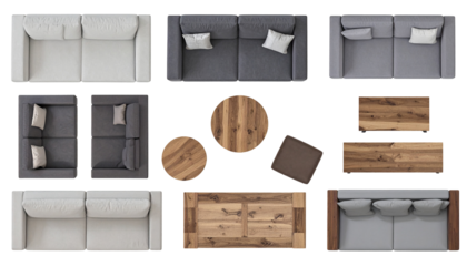 Overhead view sofas, tables, and cushions arranged, offering design inspiration