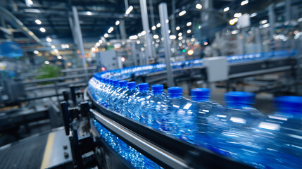 Fototapeta premium Cinematic top-down view of blue plastic bottles lined on conveyor belt, shiny surfaces reflecting industrial lights, production line extending into background