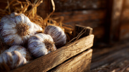 Close-up of garlic bulb textures, papery layers and small roots visible, rustic crate on aged wooden table, soft sunlight from early morning enhancing agricultural realism