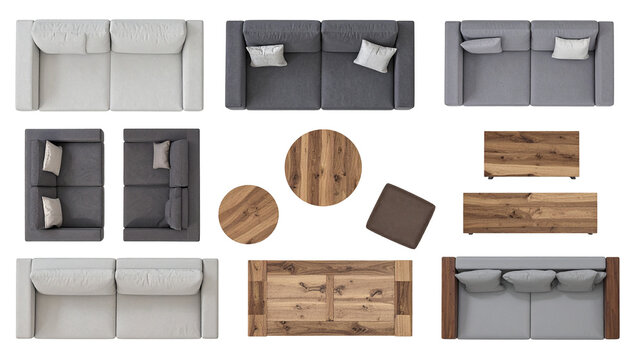 Overhead view sofas, tables, and cushions arranged, offering design inspiration
