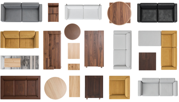 Overhead view, various furniture arrangements. Sofas, tables, cabinets, diverse colors and textures
