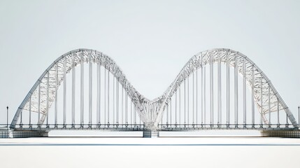 Fototapeta premium Steel arch bridge with complex truss, against a washed-out white sky