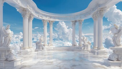 A serene, white colonnade in the sky