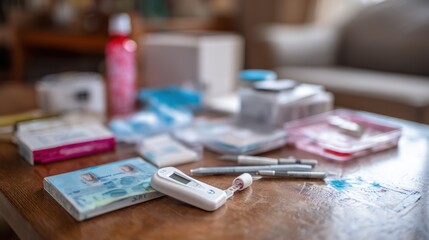 Focused medium shot of a home testing kit for XBB COVID variant reinfection placed on a table surrounded by outoffocus household items to highlight the test device.