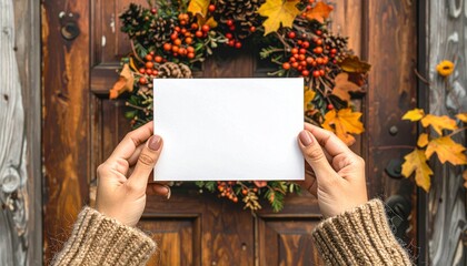 Hands Holding Blank Card with Autumn Wreath and Door