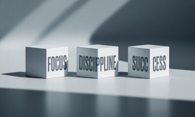 Three white cubes, each displaying a motivational word focus, discipline, and success.  Light and shadow create a modern, minimalist aesthetic