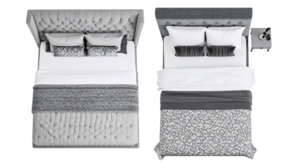 Two luxury beds from above; one with wingback headboard, other with nightstand, both with cozy bedding