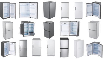 Variety of modern refrigerators, showcasing various models and open doors