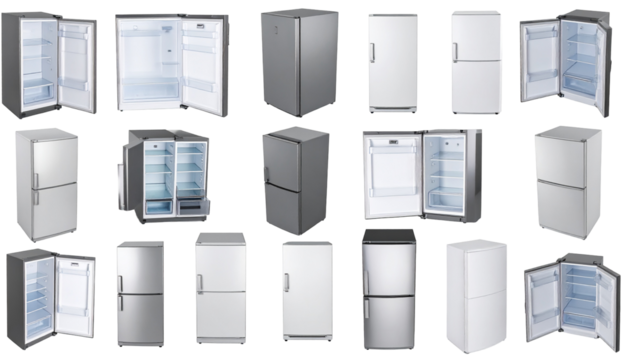 Variety of modern refrigerators, showcasing various models and open doors
