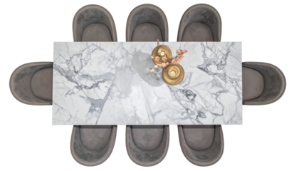 Overhead view of a dining table with 8 chairs. Marble top, decor, neutral tones create a modern feel