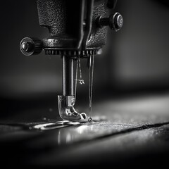 Close up of sewing machine needle and thread working on fabric in tailoring craft