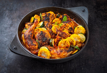 Authentical barbecue hot spicy chicken tandoori curry masala  with grilled maiz corn and zucchini