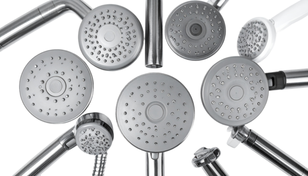 Variety of showerheads arranged showcasing different spray patterns. Chrome finish details