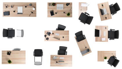 Overhead view of diverse office setups, showcasing desks, chairs, and accessories