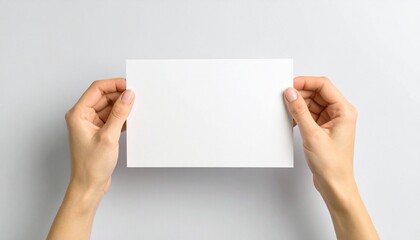 Obraz premium Woman's Hands Holding a Blank White Card on Light Gray Background