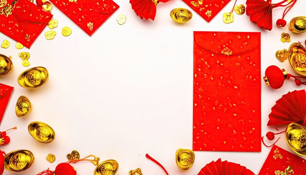 Red Envelopes and Gold Accents Flat Lay for Chinese New Year