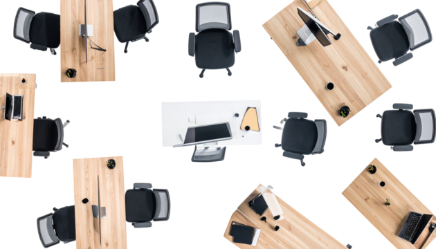 Overhead shot of office desks, chairs, computers in modern setting. Arranged randomly, empty - Powered by Adobe