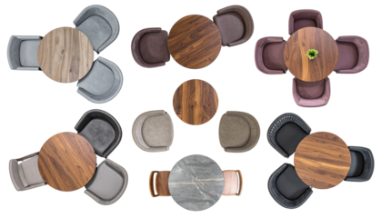 Overhead view of various round tables with chairs. Arrangement includes different colors and textures