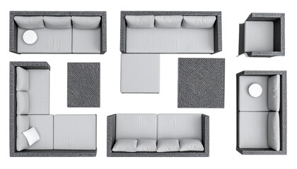 Overhead view of modern outdoor furniture arrangement, showcasing various seating options with textures