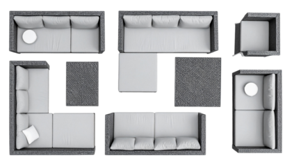Overhead view of modern outdoor furniture arrangement, showcasing various seating options with textures