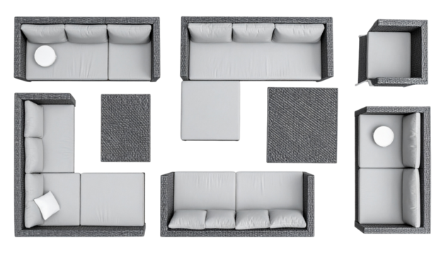 Overhead view of modern outdoor furniture arrangement, showcasing various seating options with textures