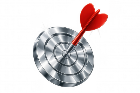 Red dart piercing bullseye of metallic target, symbolizing precision, business strategy, marketing success against transparent backdrop