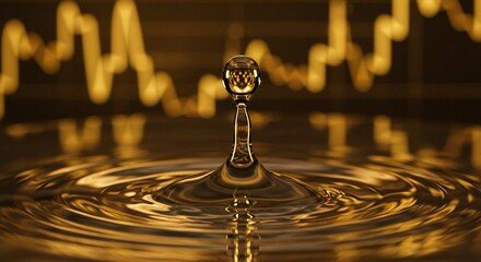 Captivating close-up of a golden liquid drop, with ripples and blurred chart background suggesting financial concepts.