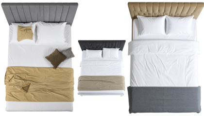 Overhead shot showcasing three beds; one king, one queen, one twin. Each bed features pillows and blankets
