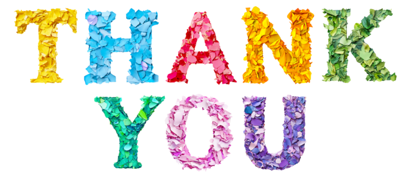 Colorful Paper Letters Shaping the Word Thank You Isolated on White and PNG Transparent Background