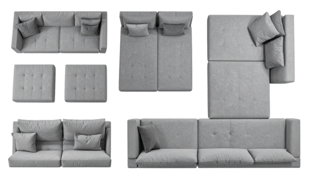 Top-down view of modular light gray seating arrangement including sofas, ottomans, and cushions