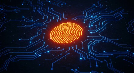 Futuristic digital fingerprint over circuit board design illustrating technology and security of biometric identification.