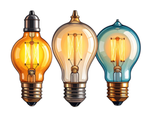 Three vintage-style light bulbs in varying colors