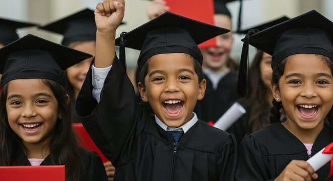 A group of young, excited children in graduation gowns and caps celebrates their achievement, full of joy and success.