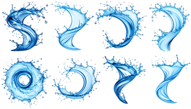 Dynamic water splashes isolated on black, swirling and vibrant, various forms of liquid art