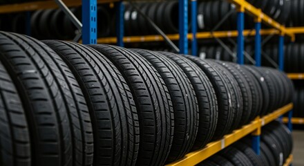 A large stack of new car tires on blue and yellow metal racking in a warehouse, close up view, plenty in stock.