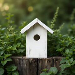 Colorful nature setup with blank birdhouse mockup on wooden fence, surrounded by lush green plants, perfect for eco-friendly branding and garden design