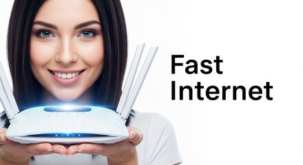 A smiling young woman holding a router with a text "Fast Internet"