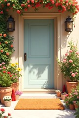 Bright and inviting entryway with blank doormat mockup surrounded by colorful flowers and decor, perfect for home decor branding and lifestyle promotional designs
