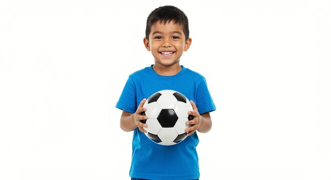 Smiling boy in blue t-shirt holding a soccer ball against a white background, looking at the camera with a happy expression.