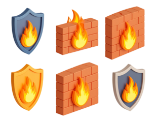 Six isometric illustrations showing shields and brick walls, each with a burning flame graphic