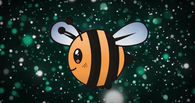 Cartoon bee entering frame and rotating side-front as green particles drifting looping hypnotically
