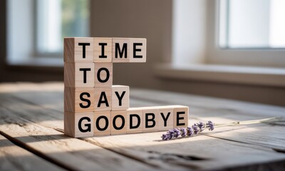 Wooden blocks spelling out "Time to Say Goodbye." A small bunch of lavender rests beside the blocks on a light-colored wooden surface. Sunlight streams in from a window in the background