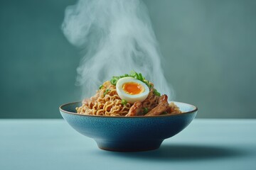 Steaming bowl of noodles topped with a halved soft-boiled egg, sliced meat, and green onions, set against a muted teal background