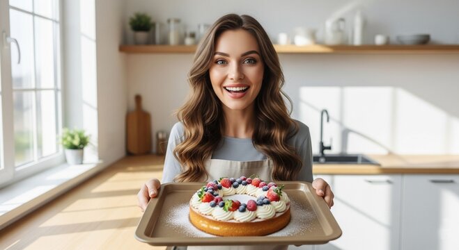 A young woman happily showing her baked cake with fruit topping in a tray 
