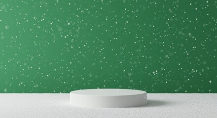 Winter wonderland with a white platform on snow, set against a green background with falling snow. Perfect product display.