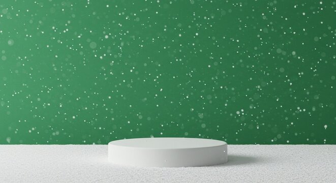 Winter wonderland with a white platform on snow, set against a green background with falling snow. Perfect product display.