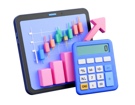 Investment concept art, a tablet displays stock charts with calculator and upward arrow