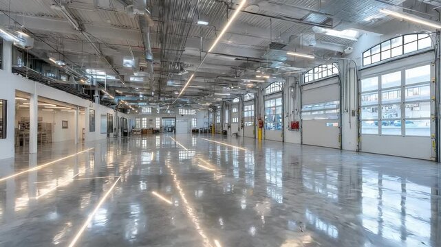 Empty Modern Industrial Warehouse Interior with Polished Concrete Floor, Overhead Lighting, and Large Garage Doors, Ready for Manufacturing or Storage