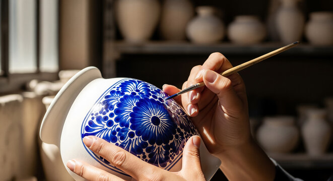 Artisan hands painting traditional Talavera pottery