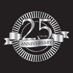 25th anniversary emblem in gradient silver color. 25 years icon isolated on a black background